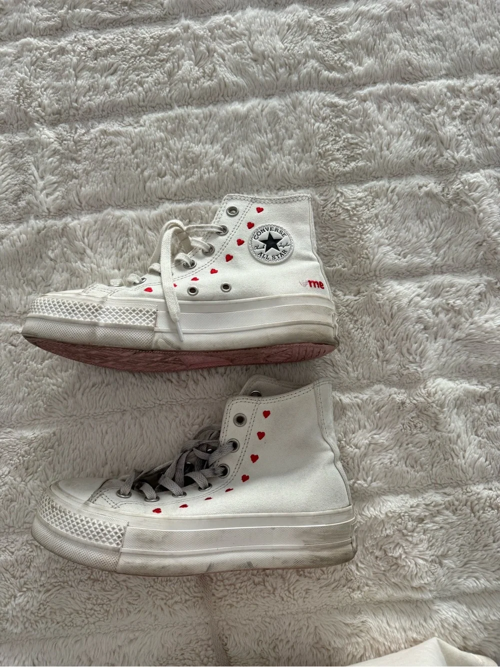 Converse White High Top Sneakers with Red Heart Accents